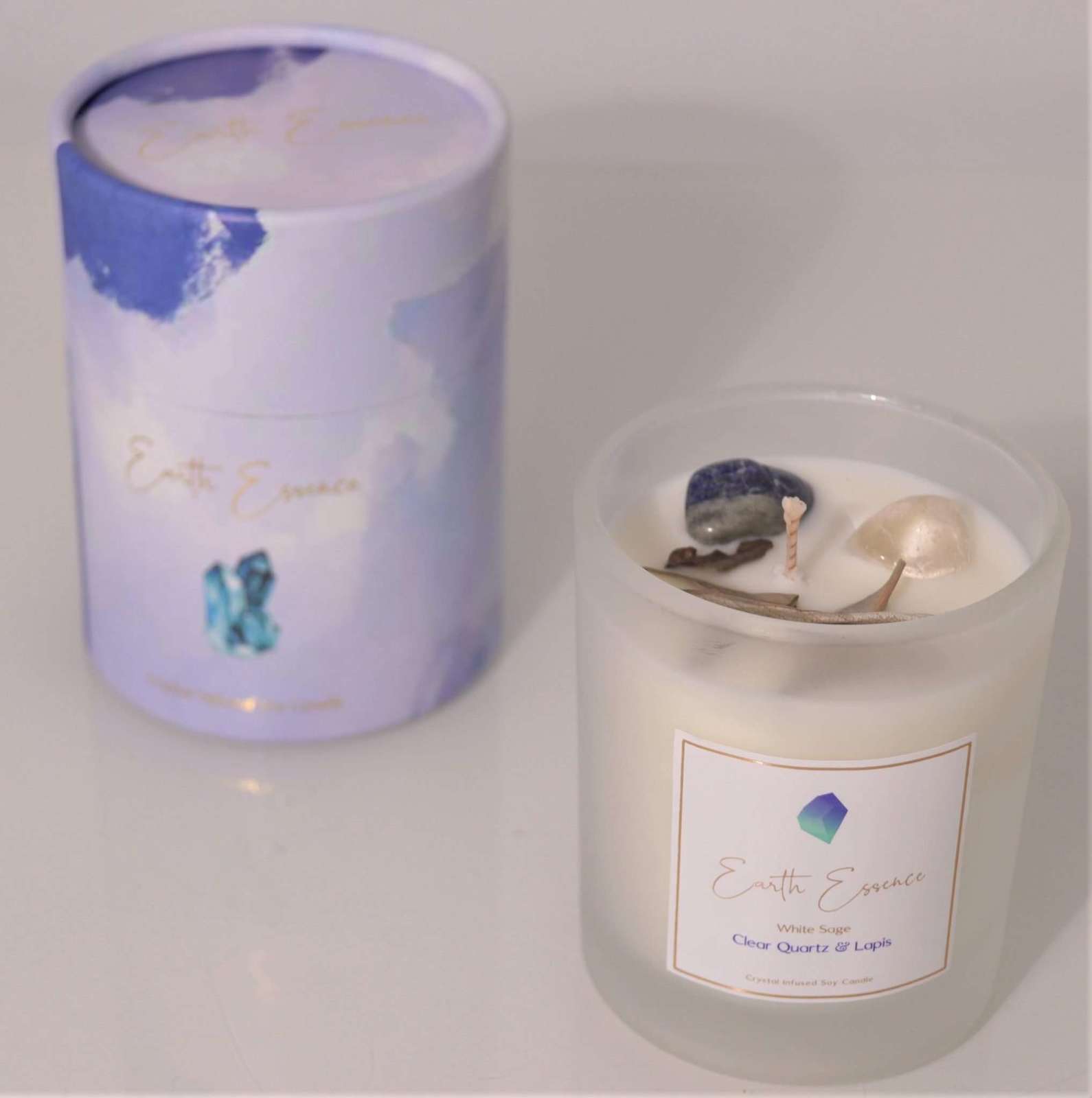 Earth Essence Crystal Soy Wax Candle - White Sage, Clear Quartz & Lapis