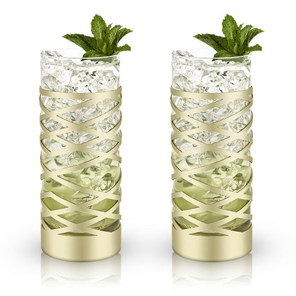 Viski: Belmont - Gold & Crystal Patterned Highball Glasses (Set of 2)