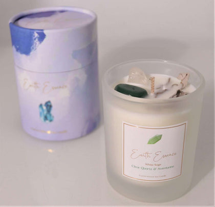 Earth Essence Crystal Soy Wax Candle - White Sage, Clear Quartz & Aventurine