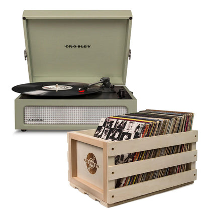 Crosley: Voyager Bluetooth Portable Turntable - Sage + Bundled Record Storage Crate